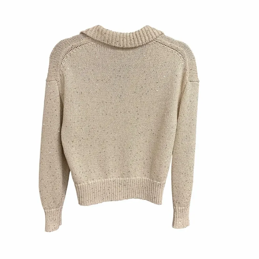 J. Crew Sequin Sweater Polo Cream Silver Sequins Long Sleeve Womens XS Neutral